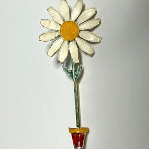 VTG Hand Painted Daisy Flower in Pot Brooch Metal Enamel Pin 1.5"x3.25"